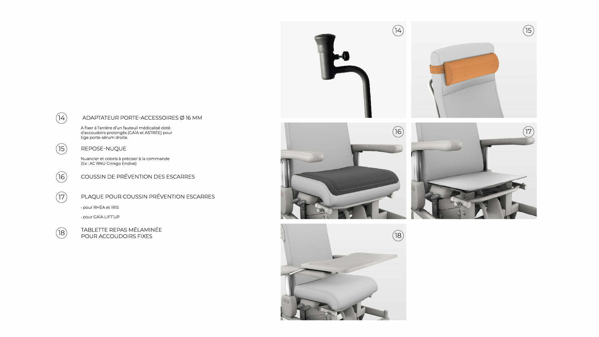 Schéma présentant les différents accessoire pour fauteuil médical Navailles : coussin prévention escarre, tablette repas mélaminé