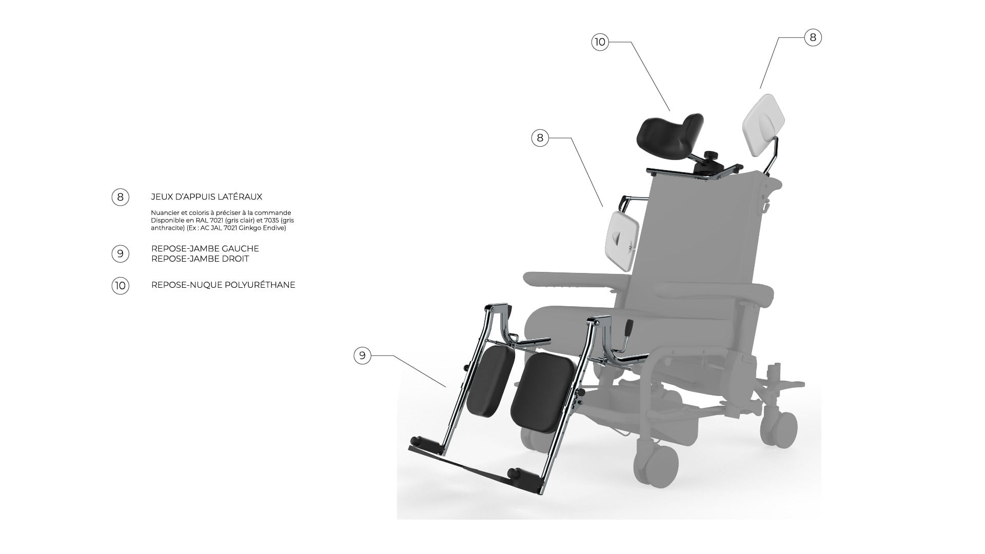 Schéma présentant les différents accessoire pour fauteuil médical Navailles : repose nuque, repose jambe...