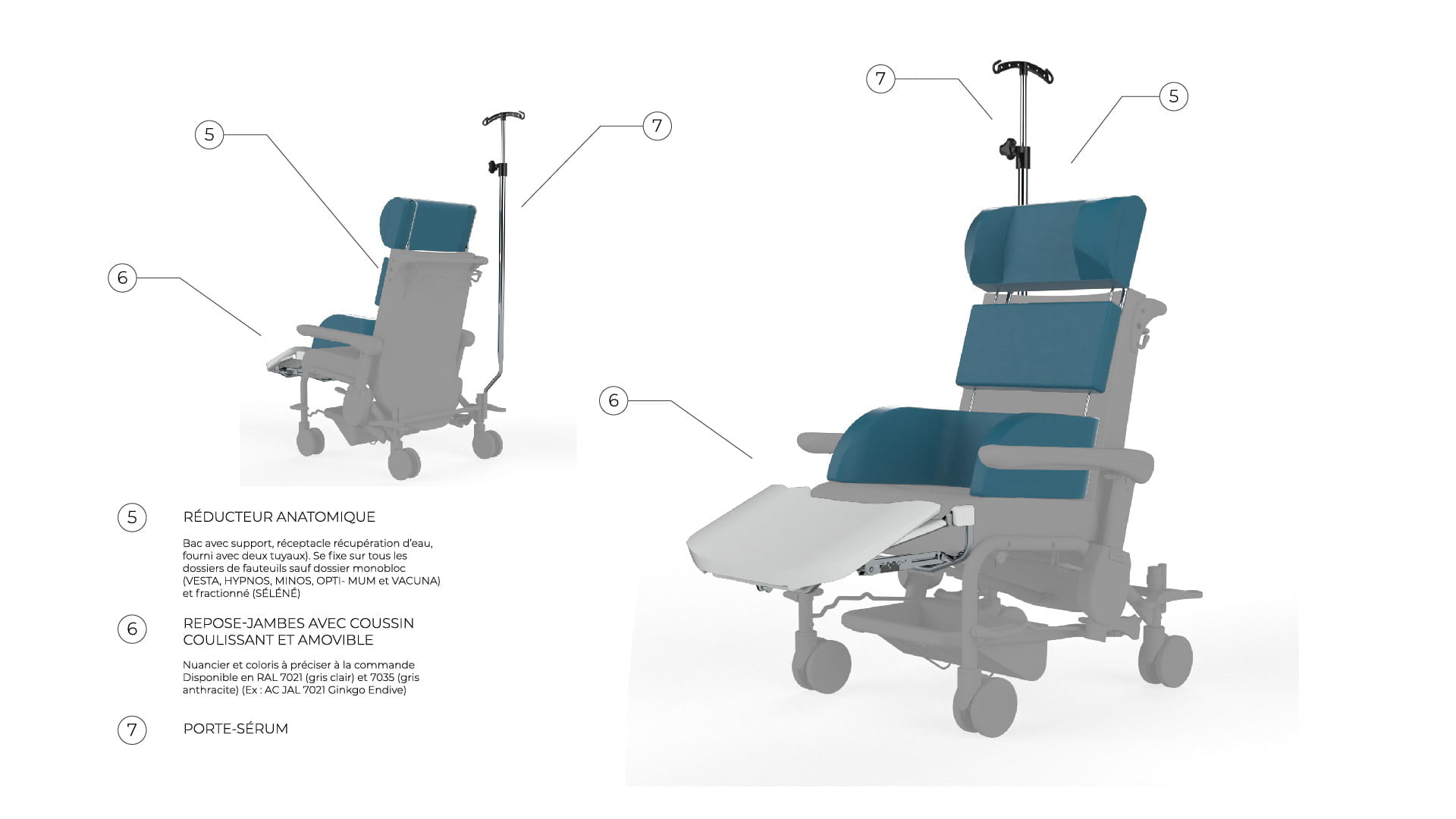 Schéma présentant les différents accessoire pour fauteuil médical Navailles : repose jambe avec coussin, porte sérum